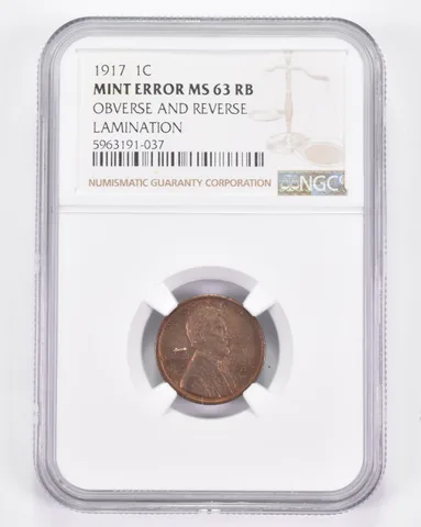 Mint Error MS63 RB 1917 Lincoln Wheat Cent - OBV & REV Lamination NGC a8910