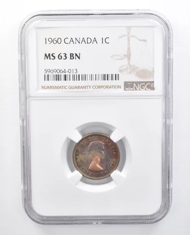 1960 Canada 1 Cent MS63 BN NGC Rainbow Tone *7665