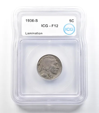 ERROR 1936-S Indian Head Buffalo Nickel Lamination F12 ICG a3411