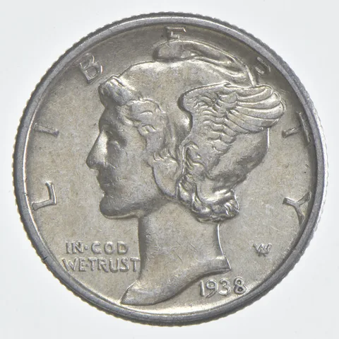 1938 (P) Mercury Dime 90% Silver AU Almost Unc
