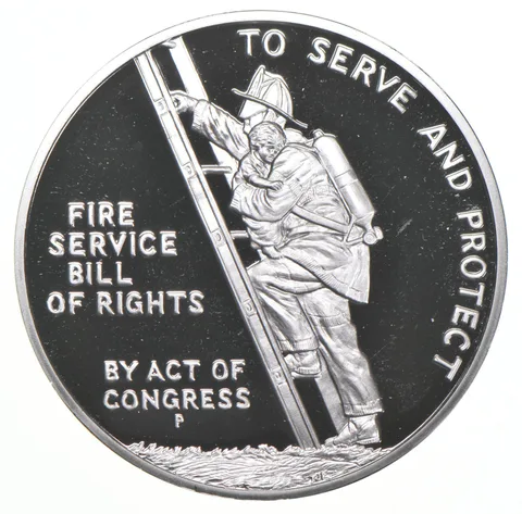 1992 Proof Ben Franklin Firefighters Commem. 1 Oz Silver Medal Round