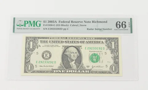 Gem UNC 66 EPQ 2003-A $1 FRN - FR#1930-E - Radar Serial Number - PMG a6600