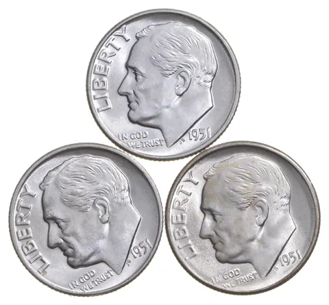 Choice Unc 1951 P+D+S Roosevelt Dime Gem BU Collection Lot Set