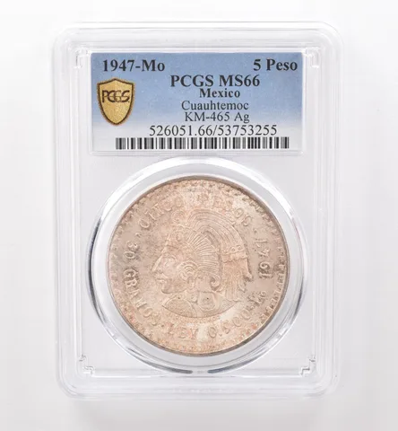 1947 Mo Mexico 5 Peso Silver Cuauhtemoc KM-465 MS66 PCGS Beautiful Tone *9527