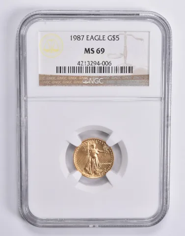 1987 $5 American Gold Eagle 1/10 Oz MS69 NGC Brown Lbl