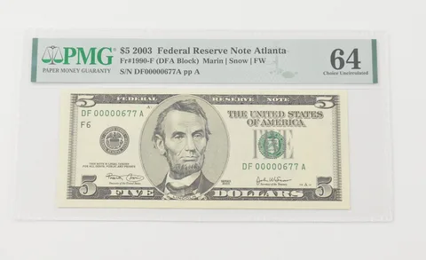 Choice UNC 64 2003 $5 FRN Atlanta - FR#1990-F PMG Low Serial 677 *6598