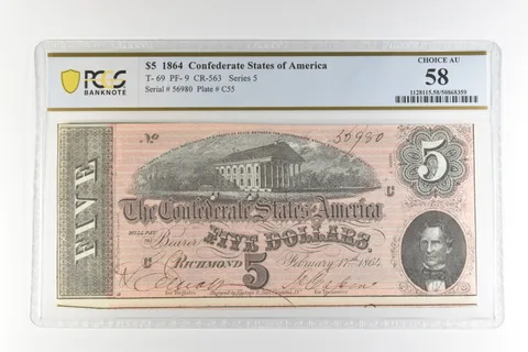 1864 $5 Confederate States America T-69 PF-9 CR-563 Choice AU58 PCGS *4507