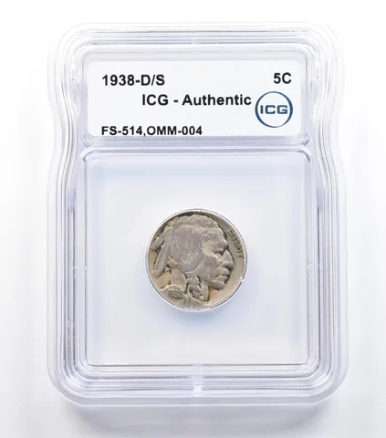 1938-D/S Indian Head Buffalo Nickel FS-514 OMM-004 Authentic ICG *9318