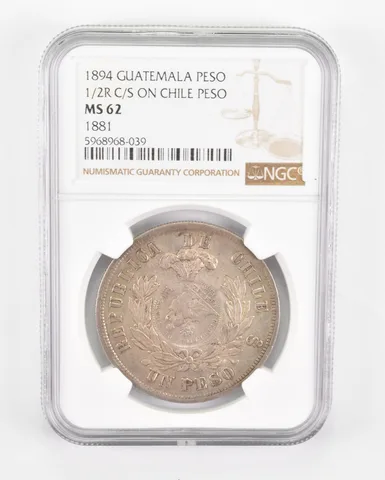 MS62 1894 Guatemala 1 Peso - 1/2R C/S On Chile Peso - Graded NGC *0558