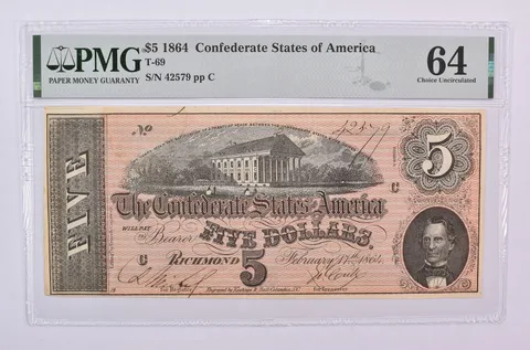 1864 $5 Confederate States Of America T-69 Choice Unc 64 PMG