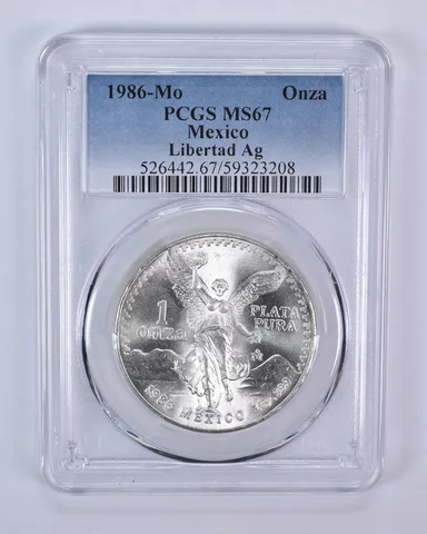 1986 Mo Mexico 1 Onza Silver Libertad MS67 PCGS Blue Label