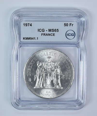 1974 France 50 Francs Silver KM#941.1 MS65 ICG