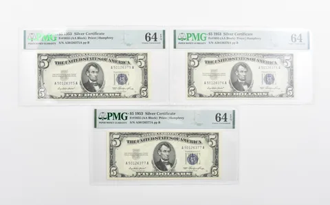 Lot (3) PMG 64 1953 $5 Silver Certificate Consecutive Notes Fr#1655 *1159