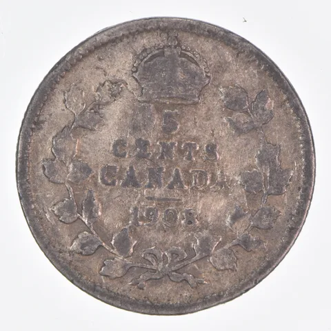 Better Date - 1908 Canada 5 Cents World Coin- Silver *253