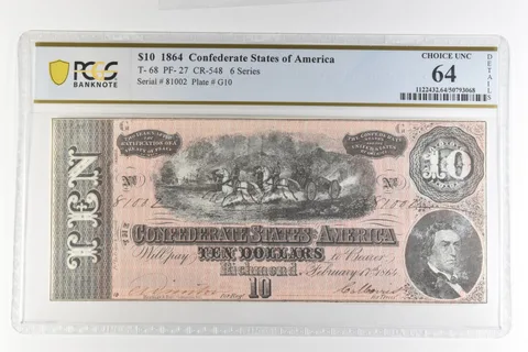 1864 $10 Confederate States America T-68 PF-27 CR-548 Choice Unc 64 PCGS *4395