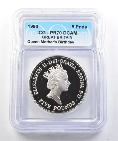 1990 Great Britain 5 Pounds Queen Mother's Birthday PR70 DCAM ICG a0450