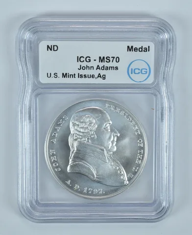 (ND) Silver Presidential Medal John Adams 1 Oz Silver MS70 ICG