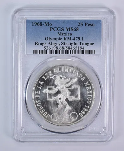 1968 Mo Mexico 25 Pesos Silver Olympic Rings Align Tongue KM-479.1 MS68 PCGS
