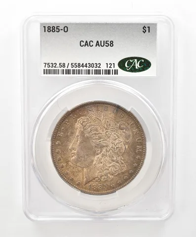 1885-O Morgan Silver Dollar AU58 CAC CACg Beautiful Tone *6619