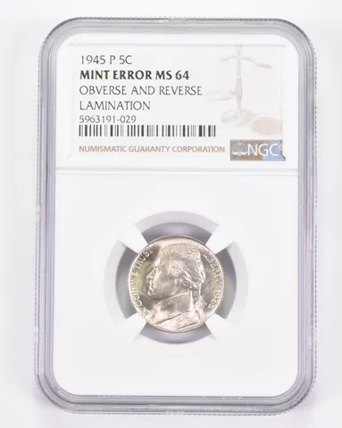 Mint Error MS64 1945-P Jefferson Nickel - OBV & REV Lamination NGC a8829