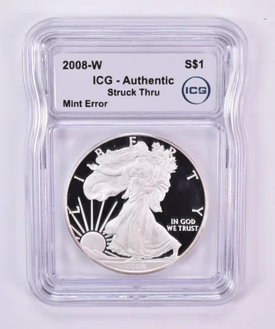2008-W American Silver Eagle Mint Error Struck Thru Authentic ICG