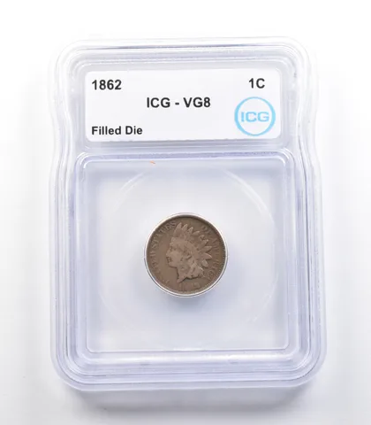1862 Indian Head Cent Mint Error Filled Die VG8 ICG *2312