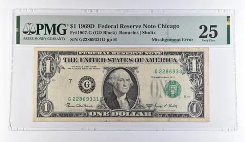 1969 D $1 Chicago IL FRN Misalign Error Fr#1907-G VF 25 PMG *9483