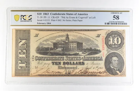 1863 $10 Confederate States Large Note T-59 PF-11 CR-429 Choice AU 58 PCGS *4163