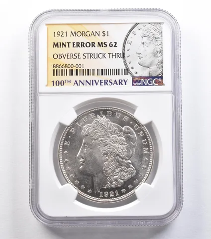 1921 Morgan Silver Dollar Mint Error Obverse Struck Thru MS62 NGC *2222