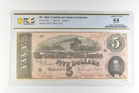 1864 $5 Confederate States America T-69 PF-7 CR-561 AU 55 PCGS *4497