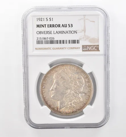 1921-S Morgan Silver Obverse Lamination Mint Error AU53 NGC Nice Tone *1944