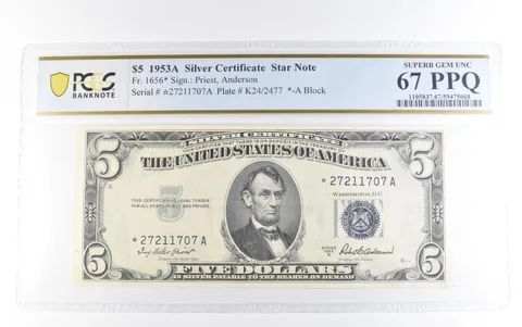 1953 A $5 Silver Certificate Star Note Fr#1656* Superb Gem Unc 67 PPQ PCGS *1694