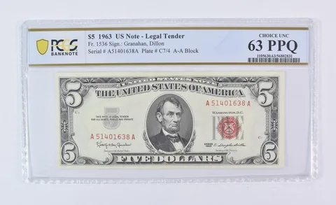 1963 $5 Legal Tender Fr#1536 Choice Unc 63 PPQ PCGS