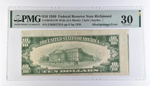 1950 $10 Richmond VA FRN Misalignment Error Fr#2010-EW VF 30 PMG *9384