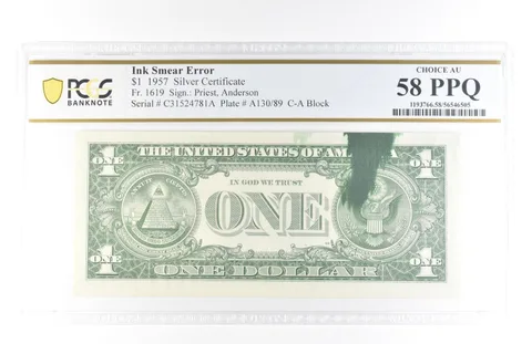 1957 $1 Silver Certificate Ink Smear Error Fr#1619 Choice AU 58 PPQ PCGS *5799