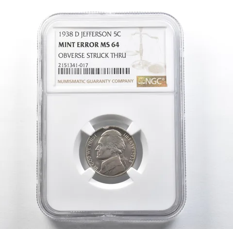 1938-D Jefferson Nickel Mint Error Obverse Struck Thru MS64 NGC *3121