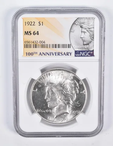 1922 Peace Silver Dollar $1 MS64 NGC 100th Anniversary Lbl