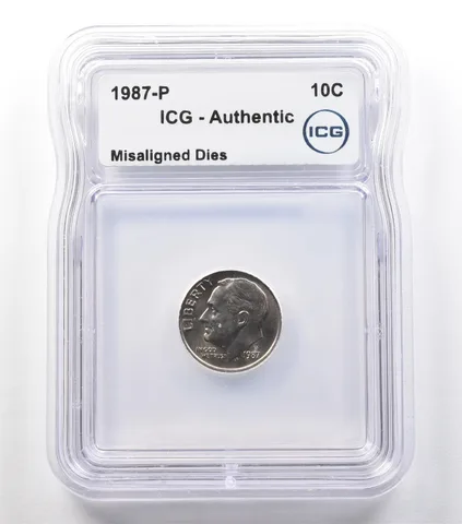 1987-P Roosevelt Dime Mint Error Misaligned Dies Authentic ICG *2435