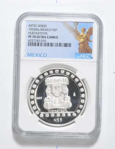 PF70 UCAM 1993 Mo Mexico Silver 5 Pesos Aztec Series Huehueteotl NGC *3398