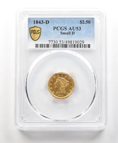 1843-D $2.50 Liberty Head Gold Quarter Eagle Small D AU53 PCGS a4902