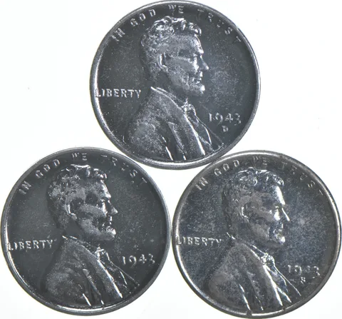 1943 P+D+S Lincoln Cent Wartime Steel "Silver" Cent Set WWII (3 coins)