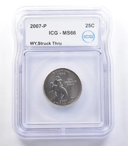 2007-P Washington State Quarter Wyoming Mint Error Struck Thru MS66 ICG *9585