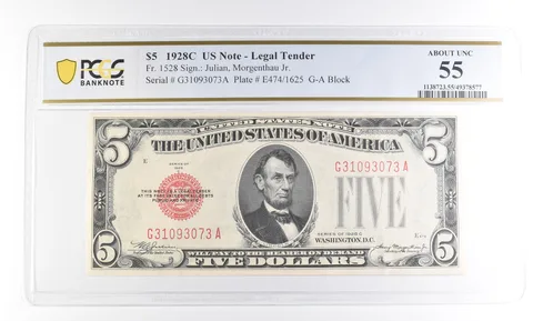 1928 C $5 US Legal Tender Fr#1528 About Unc 55 PCGS a2363