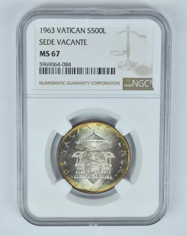 MS67 1963 Vatican 500 Lire Silver - Sede Vacante - Graded NGC Toned! *8983