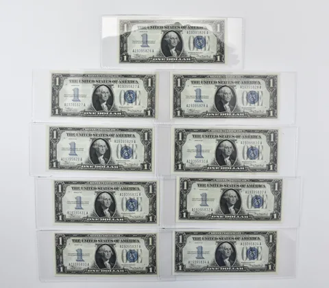 Lot (9) 1934 $1 Silver Certificate Blue Seal Consecutive Serial Numbers a7080