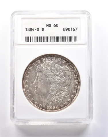 1884-S Morgan Silver Dollar MS60 ANACS Old Soap Box Holder *7237