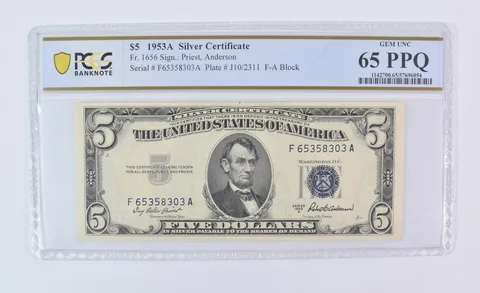 1953 A $5 Silver Certificate Fr#1656 Gem Unc 65 PPQ PCGS
