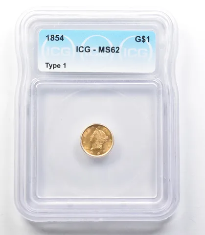 1854 $1 Liberty Head Gold Dollar Type 1 MS62 ICG *3308