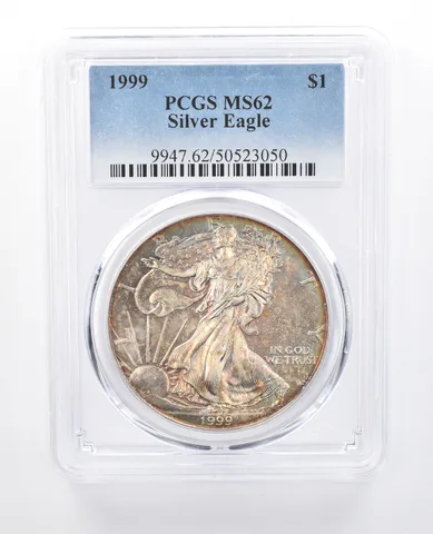 1999 American Silver Eagle MS62 PCGS Green/Yellow Tone *8175