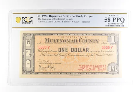 1933 $1 Scrip Portland OR Treasurer Multnomah County Choice AU 58 PPQ PCGS a2096